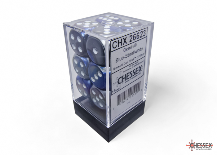 Gemini Blue-Steel/white 16mm d6 Dice Block (12 dice) - CHX26623